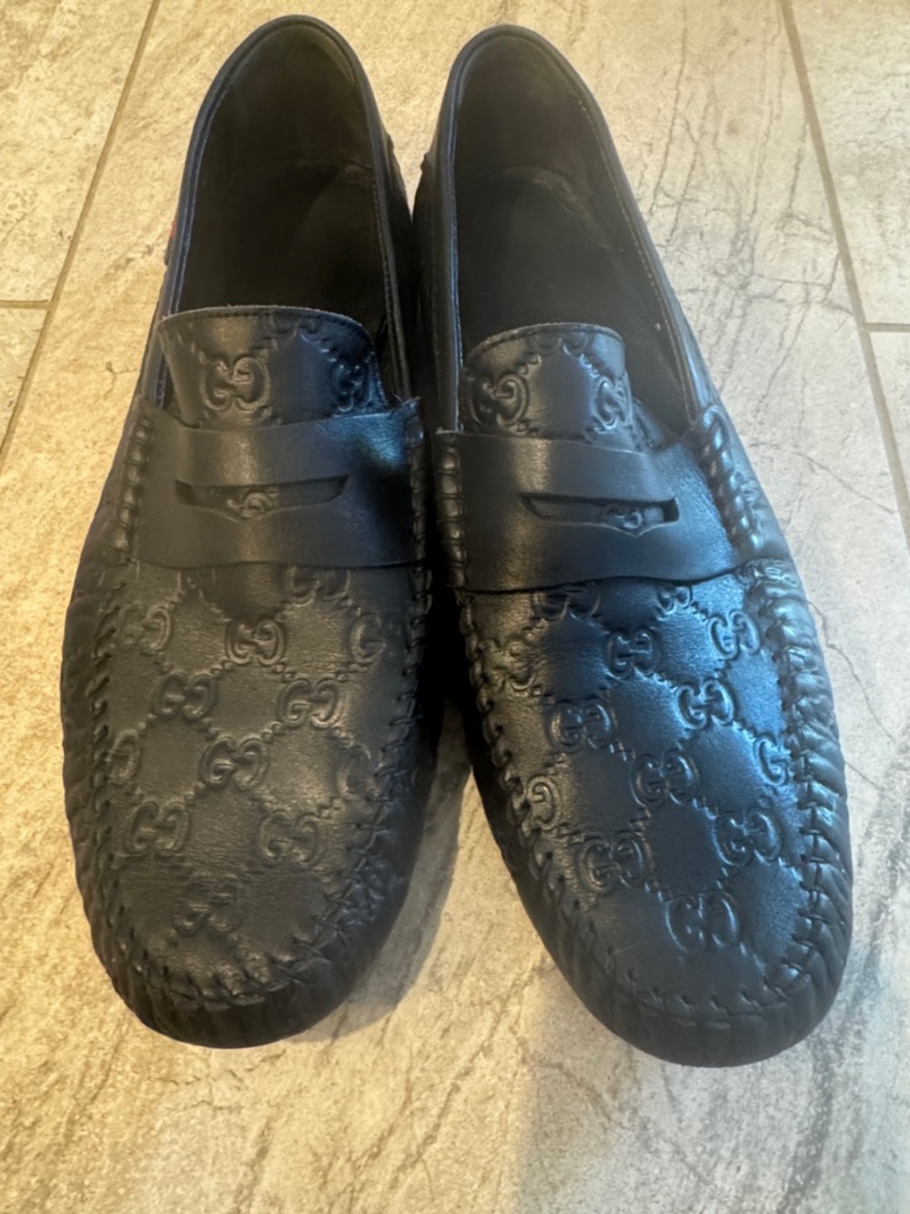 Gucci Black Embossed GG Leather Penny Loafers - Picture 2 of 10